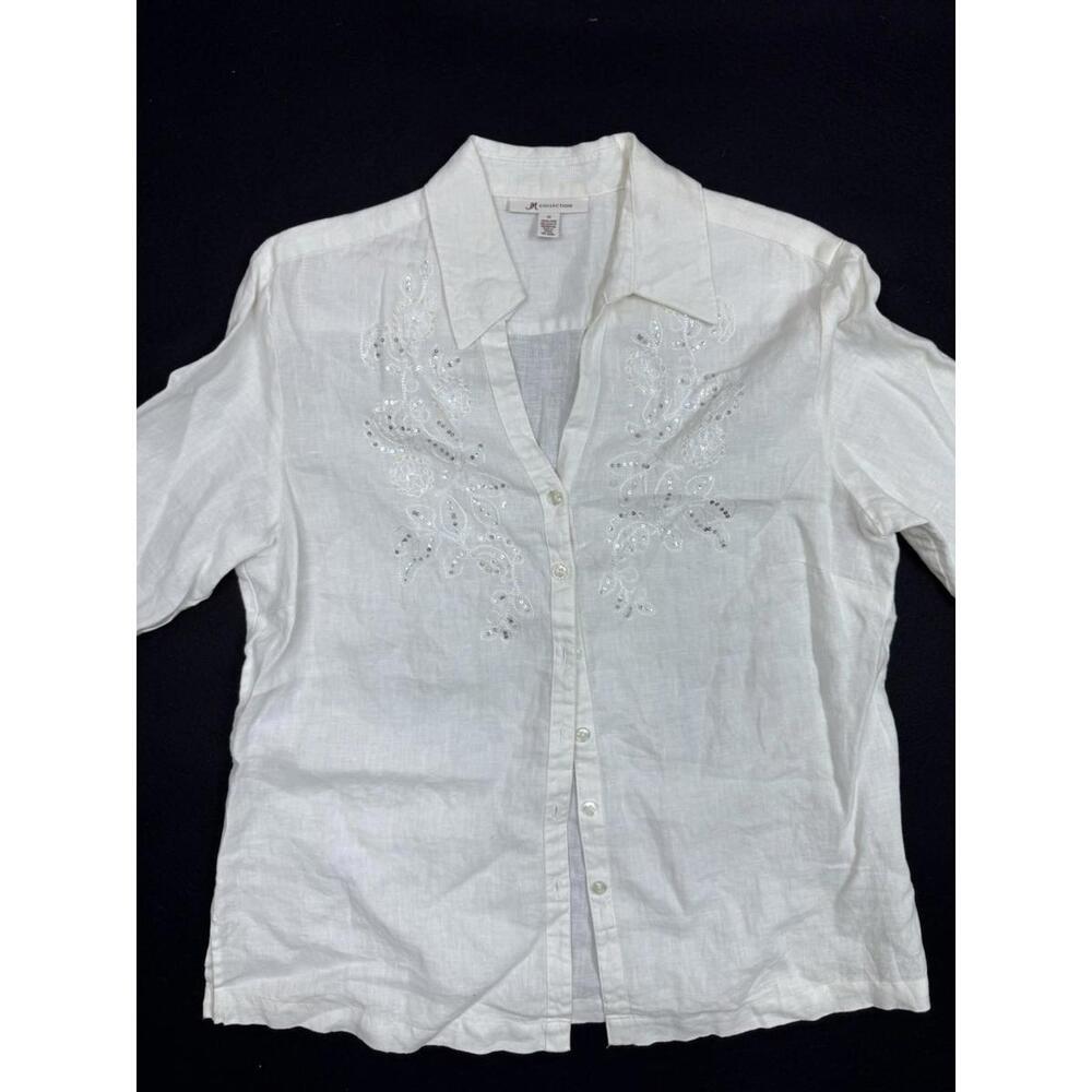 JM Collection 100% Linen Top Shirt Blouse L White 3/4 Sleeve Embellished Collar